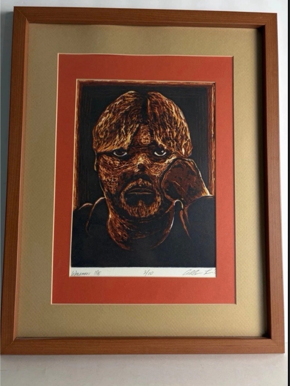 Wolf Man Woodblock Print Signed Numbered 2/10 Framed Horror Monster Folk Art